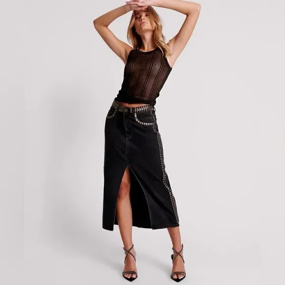 One Teaspoon BLACK OAK STUDDED ROCKO LONG LENGTH DENIM SKIRT/ size 27 - Picture 4 of 8